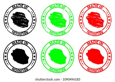 Made in Reunion - rubber stamp - vector, La Reunion map pattern - black, green and red