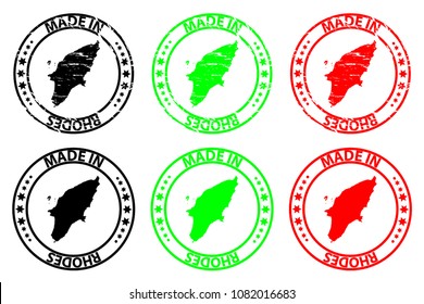 Made in Rhodes - rubber stamp - vector, Rhodes map pattern - black, green and red