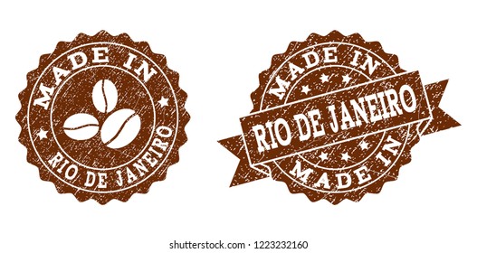 Made In Rio De Janeiro rubber stamps. Vector seals in chocolate color with round, ribbon, rosette, coffee bean elements.