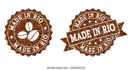 Made in Rio rubber stamps. Vector seals in chocolate color with round, ribbon, rosette, coffee bean elements. Grainy design and unclean texture are used for Made in Rio rubber imprints.