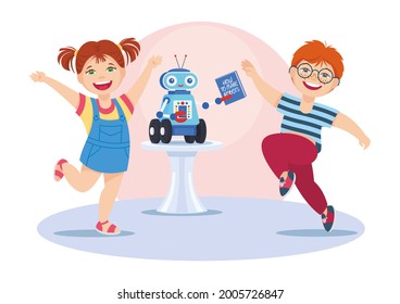 Сhildren made a robot and are happy. The robot is holding the book "How to make robots". Children's robotics club. Hobbies, classes, school, technology. Vector illustration, cartoon, characters