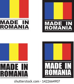 Made in Romania collection of ribbon, label, stickers, badge, icon and page curl with Romania flag symbol. Vector illustration isolated on white background.  Stamp with Made in Romania text.