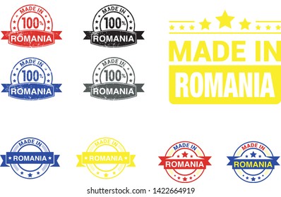 Made in Romania collection of ribbon, label, stickers, badge, icon and page curl with Romania flag symbol. Vector illustration isolated on white background.  Stamp with Made in Romania text.