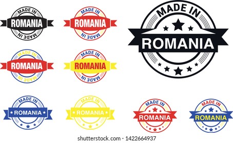 Made in Romania collection of ribbon, label, stickers, badge, icon and page curl with Romania flag symbol. Vector illustration isolated on white background.  Stamp with Made in Romania text.