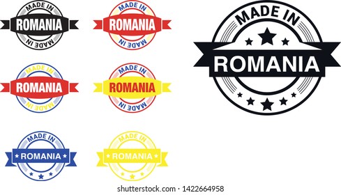 Made in Romania collection of ribbon, label, stickers, badge, icon and page curl with Romania flag symbol. Vector illustration isolated on white background.  Stamp with Made in Romania text.