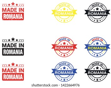 Made in Romania collection of ribbon, label, stickers, badge, icon and page curl with Romania flag symbol. Vector illustration isolated on white background.  Stamp with Made in Romania text.