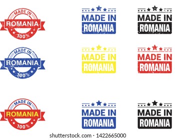 Made in Romania collection of ribbon, label, stickers, badge, icon and page curl with Romania flag symbol. Vector illustration isolated on white background.  Stamp with Made in Romania text.