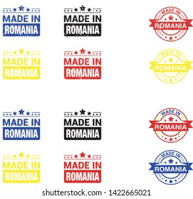 Made in Romania collection of ribbon, label, stickers, badge, icon and page curl with Romania flag symbol. Vector illustration isolated on white background.  Stamp with Made in Romania text.