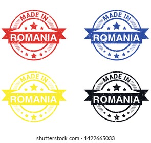 Made in Romania collection of ribbon, label, stickers, badge, icon and page curl with Romania flag symbol. Vector illustration isolated on white background.  Stamp with Made in Romania text.