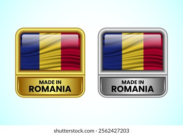 Made in Romania label icon in gold and silver color. Flag icon set for business