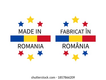 Made in Romania labels (in English and in Romanian languages). Quality mark vector icon. Perfect for logo design, tags, badges, stickers, emblem, product package, etc.