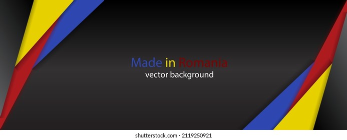 Made in Romania, modern vector background with romanian colors and free grey space for your text, overlayed sheets of paper in the look of the romanian flag, abstract widescreen background.