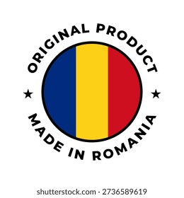 Made in Romania original product circular badge with Romanian flag design. Perfect for branding, packaging, product labels, quality assurance, manufacturing, and country of origin identification.