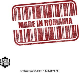 Made in Romania - red barcode grunge rubber stamp design isolated on white background. Vintage texture. Vector illustration