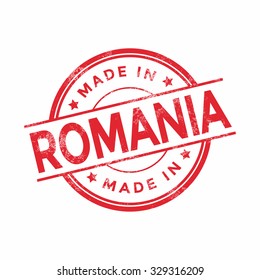 Made in Romania red vector graphic. Round rubber stamp isolated on white background. With vintage texture.