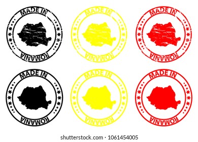 Made in Romania - rubber stamp - vector, Romania map pattern - black, yellow and red