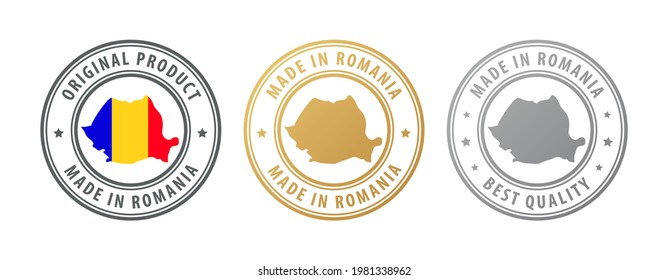 Made in Romania - set of stamps with map and flag. Best quality. Original product. Vector illustration