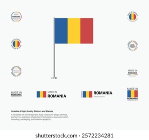 Made in Romania Stamps, Flag, Tags, labels, Seals, Icons. Creative Designs for Branding and Packaging