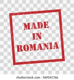 made in Romania text rubber seal stamp watermark. Caption inside rounded rectangular banner with grunge design and dirty texture. Slanted vector ink sticker on paper background.