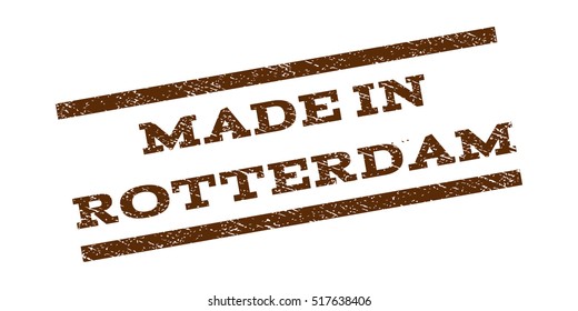 Made In Rotterdam watermark stamp. Text tag between parallel lines with grunge design style. Rubber seal stamp with dust texture. Vector brown color ink imprint on a white background.