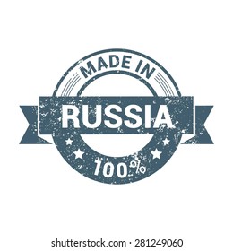 Made in Russia 100% - Round blue grunge rubber stamp design isolated on white background. vector illustration vintage texture. Vector illustration