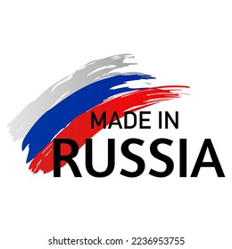 Made in Russia badge with Russia flag colors on white background. Vector illustration.