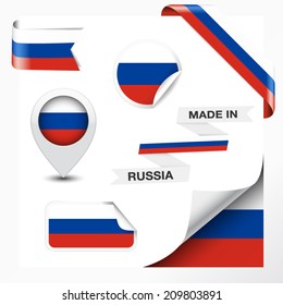 Made in Russia collection of ribbon, label, stickers, pointer, badge, icon and page curl with Russian flag symbol on design element. Vector EPS 10 illustration isolated on white background.