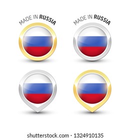 Made in Russia - Guarantee label with the Russian flag inside round gold and silver icons.