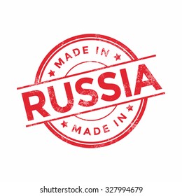 Made in Russia red vector graphic. Round rubber stamp isolated on white background. With vintage texture.