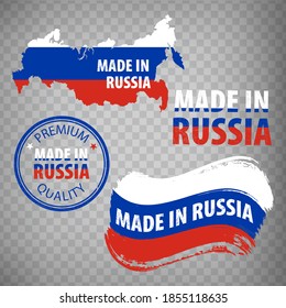 Made in Russia rubber stamps icon isolated on transparent background. Manufactured or Produced in  Russian Federation.  Map of  Russia. Set of grunge rubber stamps for your design. EPS10.