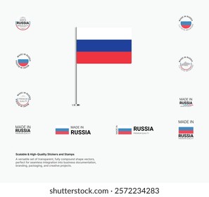 Made in Russia Stamps, Flag, Tags, labels, Seals, Icons. Creative Designs for Branding and Packaging