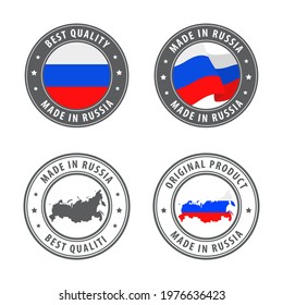 Made in Russian Federation - set of labels, stamps, badges, with the Russia map and flag. Best quality. Original product. Vector illustration