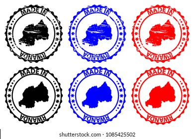 Made in Rwanda - rubber stamp - vector, Rwanda map pattern - black, blue and red