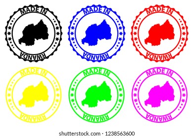 Made in Rwanda - rubber stamp - vector, Rwanda map pattern - black, blue, green, yellow, purple and red