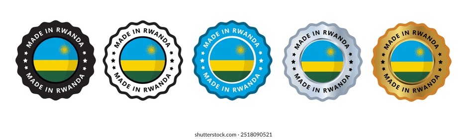 Hecho en ruanda conjunto de la insignia del sello de la muestra, con el color variante azul, plateado, oro, negro conveniente para los productos manufacturados, militares, la agricultura o la Ilustración vectorial alimentaria eps texto editable