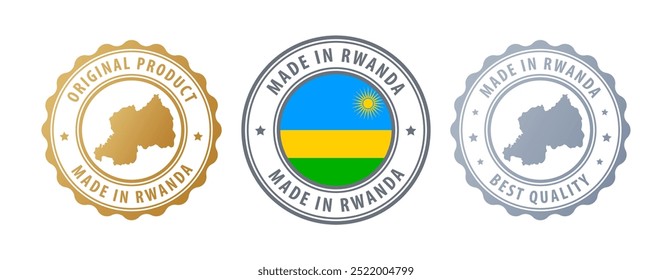 Made in Ruanda - conjunto de selos com mapa e bandeira. Melhor qualidade. Produto original. Ilustração vetorial