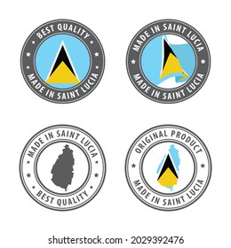 Hecho en Santa Lucía - conjunto de etiquetas, sellos, insignias, con el mapa y bandera de Santa Lucía. La mejor calidad. Producto original. Ilustración del vector