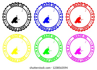 Made in Saint Pierre - rubber stamp - vector, Saint Pierre map pattern - black, blue, green, yellow, purple and red