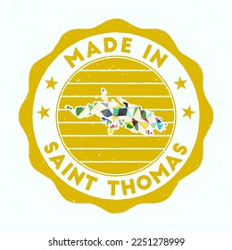 Made In Saint Thomas. Island round stamp. Seal of Saint Thomas with border shape. Vintage badge with circular text and stars. Vector illustration.