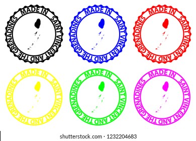Made in Saint Vincent and the Grenadines - rubber stamp - vector, Saint Vincent and the Grenadines map pattern - black, blue, green, yellow, purple and red