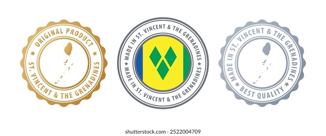 Made in Saint Vincent and the Grenadines - set of stamps with map and flag. Best quality. Original product. Vector illustration