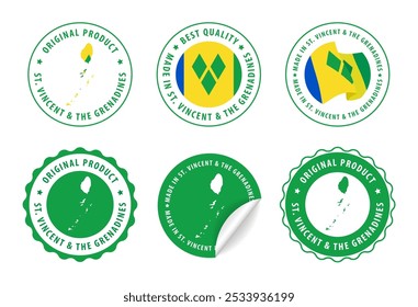 Feito em São Vicente e Granadinas - conjunto de selos e adesivos com mapa e bandeira. Melhor qualidade. Produto original. Ilustração vetorial.
