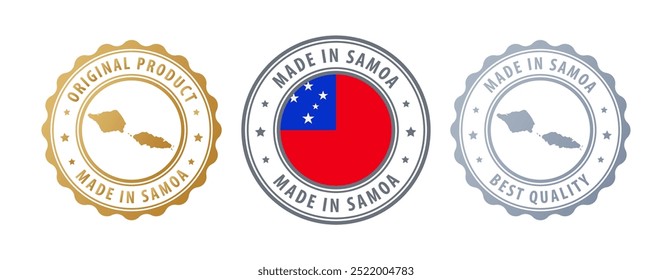 Made in Samoa - set of stamps with map and flag. Best quality. Original product. Vector illustration