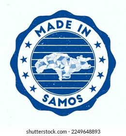 Hecho En Samos. Sello redondo de la isla. Sello de Samos con forma de borde. Banda vintage con texto circular y estrellas. Ilustración vectorial.