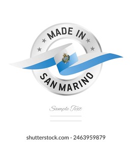 Made in San Marino. San Marino flag ribbon with circle silver ring seal stamp icon. San Marino sign label vector isolated on white background