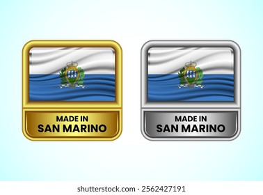 Made in San Marino label icon in gold and silver color. Flag icon set for business