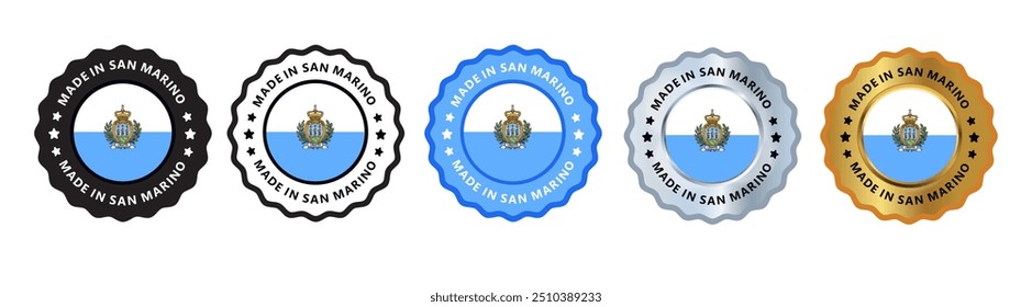 Made in san marino set of sign stamp badge, with varian color blue, silver, gold, black suitable for products manufactured, military, agriculture or food vector illustration eps editable text