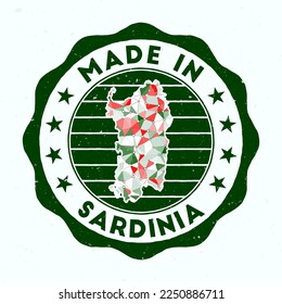 Made In Sardinia. Island round stamp. Seal of Sardinia with border shape. Vintage badge with circular text and stars. Vector illustration.