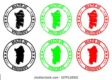 Made in Sardinia - rubber stamp - vector, Sardinia map pattern - black, green and red