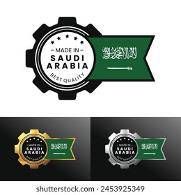 Made in Saudi Arabia with gear and flag design. For banner, stamp, sticker, icon, logo, symbol, label, badge, seal, sign. Vector Illustration